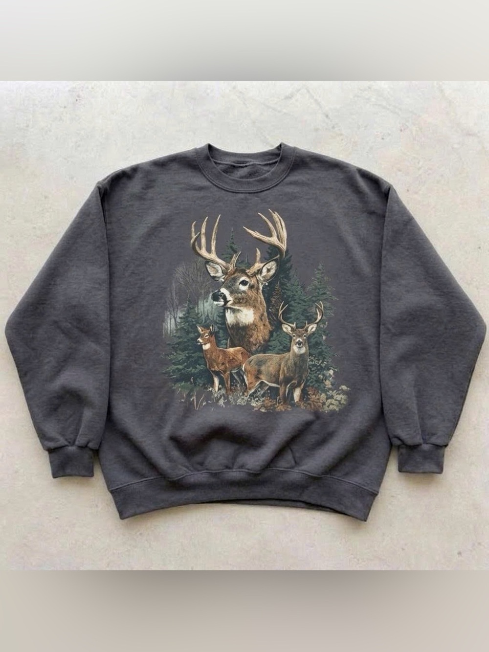 Vintage Charcoal Crewneck Sweatshirt with Deer Graphic